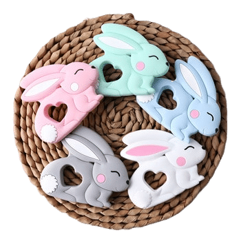 Søte kaninfigurer i silikon, disse brukes ofte som biteleke og kan kobles til smokkelenker og lignende